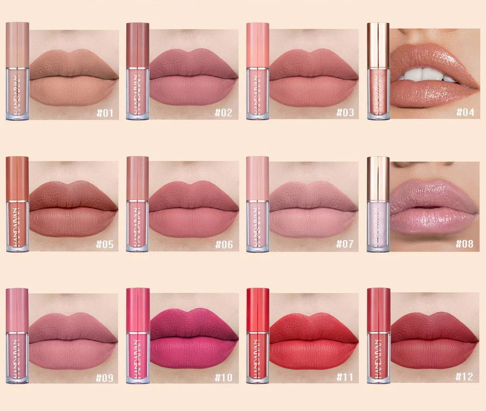 HANDAIYAN liquid lipstick shades 01 to 12 shown on lips with matching lipstick tubes.